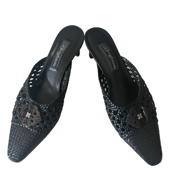 Brighton Tana Black Woven Leather Pointed Toe Kitten Heel Size 6.5 Witchycore - Picture 1 of 15